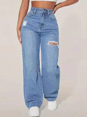 Women's Peacock Blue Distressed Straight Leg Jeans M – Trendy Streetwear Denim P